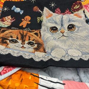 Source Unknown Black Tote with Embroidered Cream and Brown Kittens
